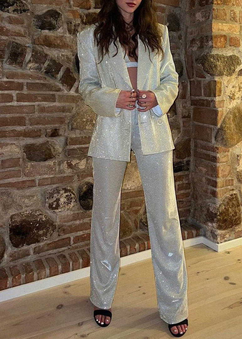 Boho Silver Notched Sequins Coats ,Vest And Straight Pants Three Piece Set Fall