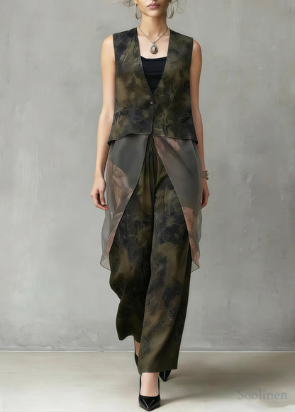 Boho Tea Green Print Patchwork Silk Two Pieces Set Sleeveless