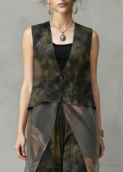 Boho Tea Green Print Patchwork Silk Two Pieces Set Sleeveless
