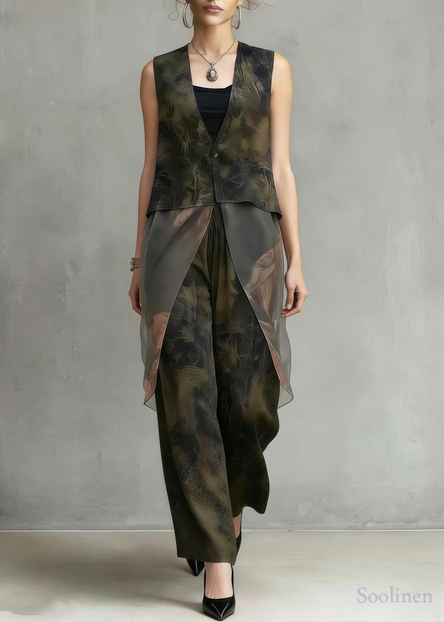Boho Tea Green Print Patchwork Silk Two Pieces Set Sleeveless