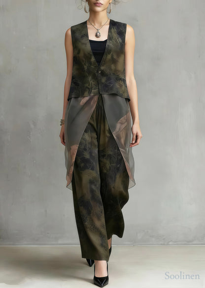 Boho Tea Green Print Patchwork Silk Two Pieces Set Sleeveless