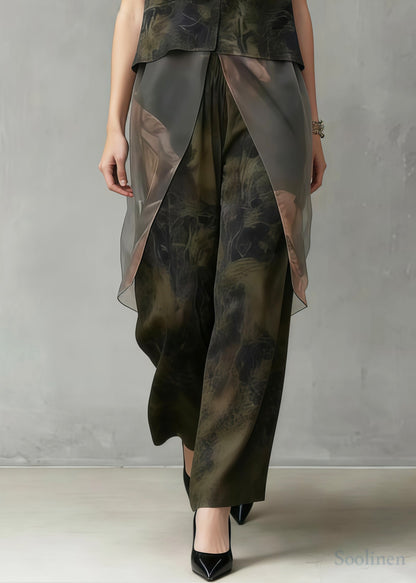 Boho Tea Green Print Patchwork Silk Two Pieces Set Sleeveless