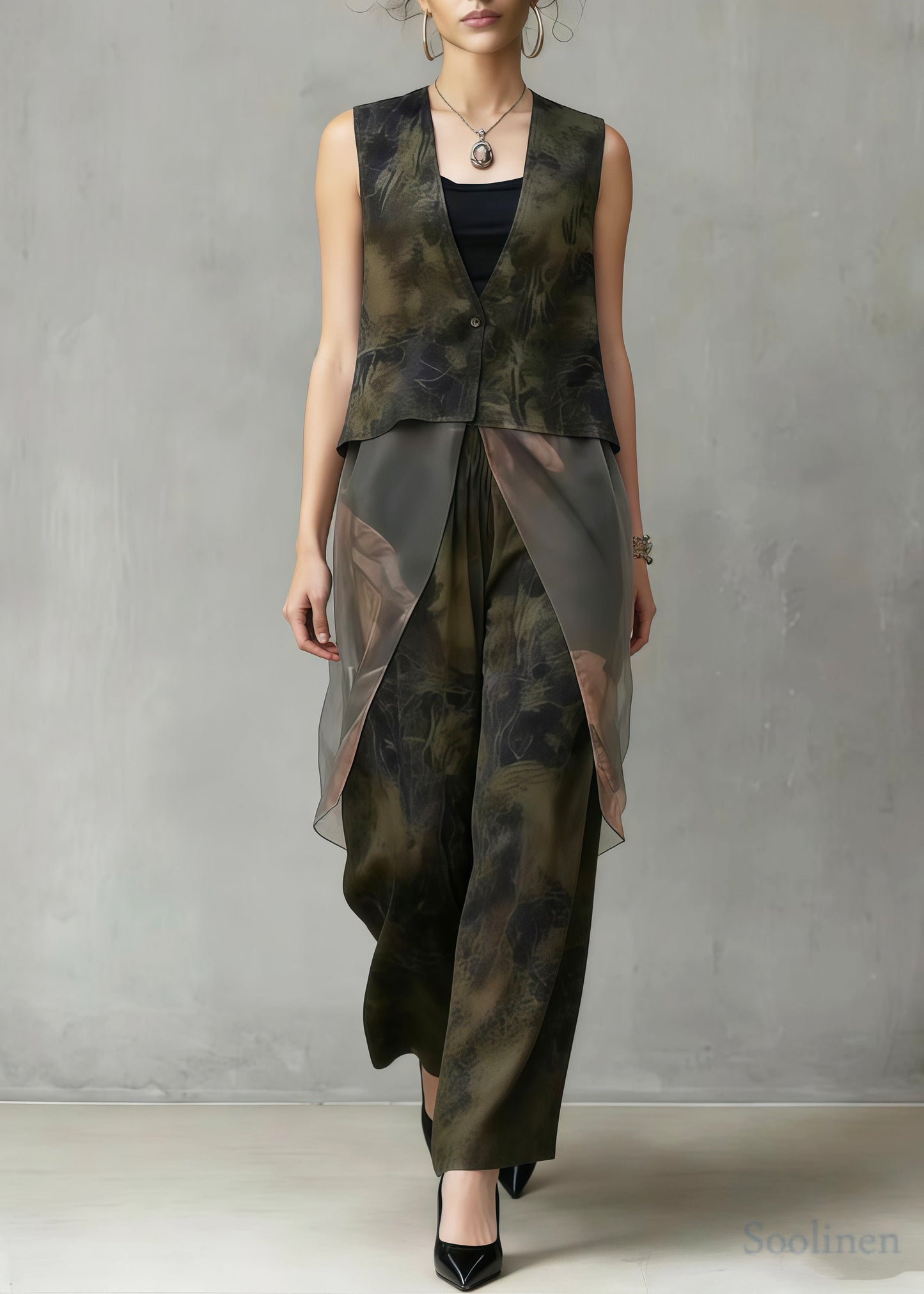 Boho Tea Green Print Patchwork Silk Two Pieces Set Sleeveless