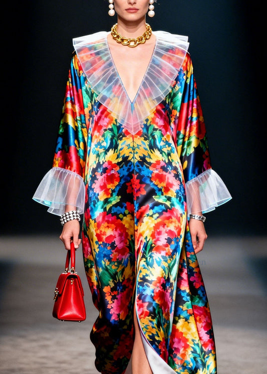 Boho V Neck Ruffled Print Patchwork Chiffon Robe Dresses Spring