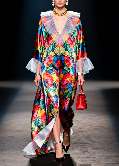 Boho V Neck Ruffled Print Patchwork Chiffon Robe Dresses Spring