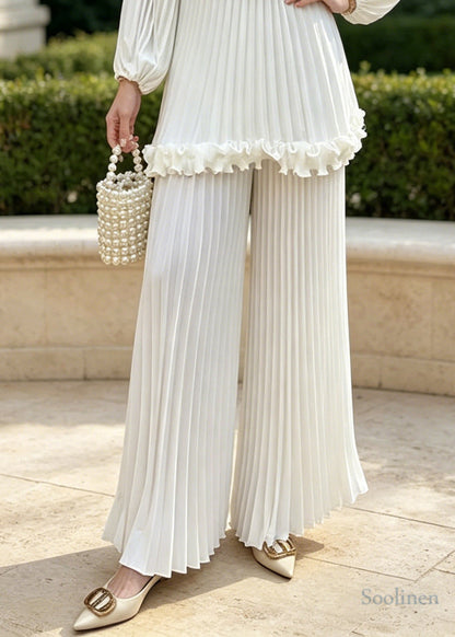 Boho White Oversized Floral Chiffon Pleated Two Pieces Set Spring