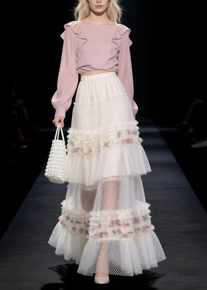 Boho White Ruffled Print Exra Large Hem Tulle Skirt Spring