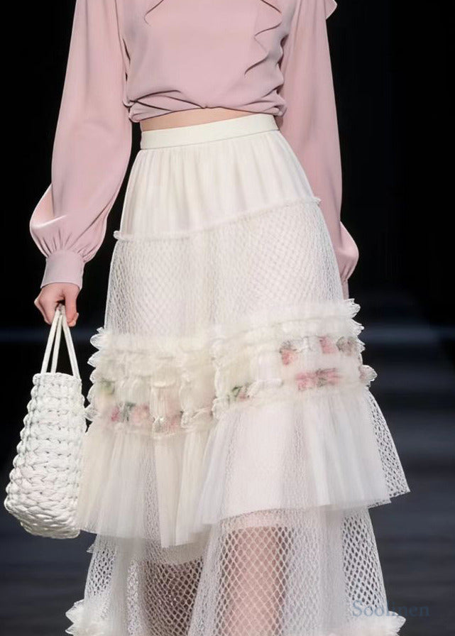 Boho White Ruffled Print Exra Large Hem Tulle Skirt Spring