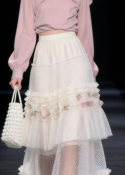 Boho White Ruffled Print Exra Large Hem Tulle Skirt Spring