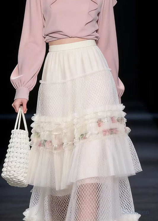 Boho White Ruffled Print Exra Large Hem Tulle Skirt Spring
