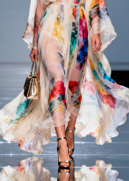 Boho White Tie Waist Tie Dye Chiffon Maxi Dresses Summer