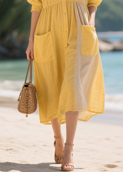 Boho Yellow Oversized Patchwork Cotton Dresses Summer