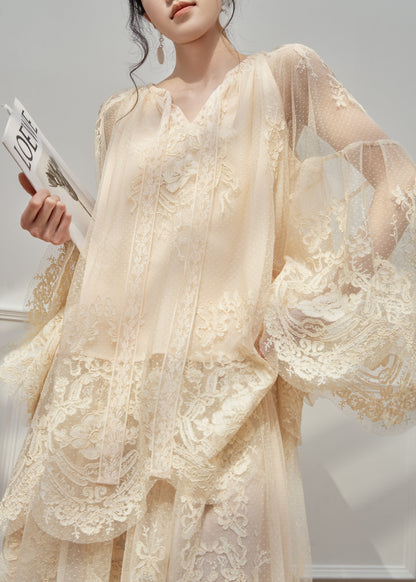 Boutique Apricot V Neck Lace Top And Skirts Set Spring