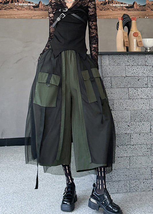 Boutique Army Green Pockets Tulle Patchwork Cotton Pants Summer
