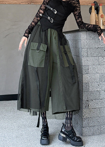 Boutique Army Green Pockets Tulle Patchwork Cotton Pants Summer