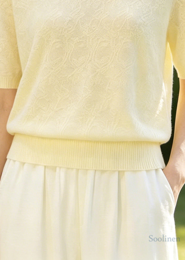 Boutique Beige Jacquard Handmade Floral Knit Shirt Top Summer