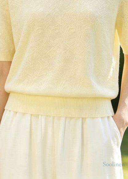 Boutique Beige Jacquard Handmade Floral Knit Shirt Top Summer