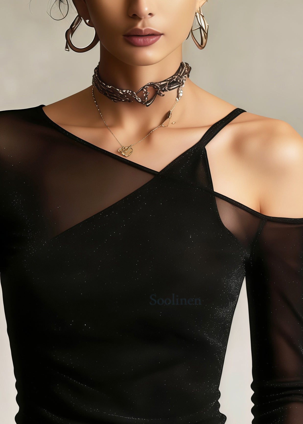 Boutique Black Asymmetrical Cold Shoulder Tulle Blouse Top Summer