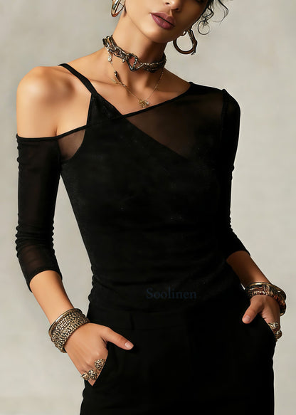 Boutique Black Asymmetrical Cold Shoulder Tulle Blouse Top Summer