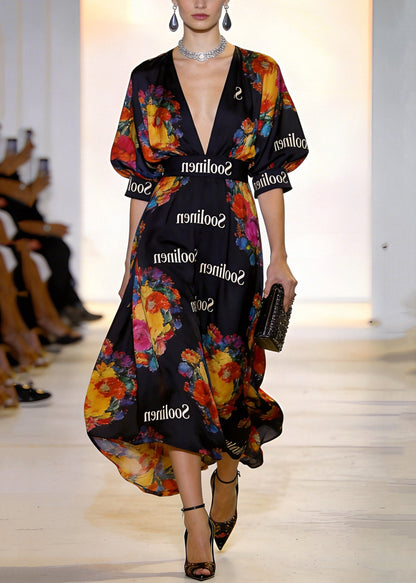 Boutique Black Deep-V Neck Print Chiffon Long Dress Puff Sleeve