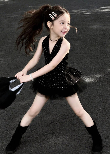 Boutique Black Dot Patchwork Tulle Kids Girls Mini Dresses Summer