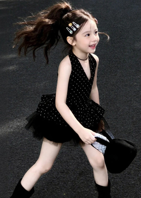 Boutique Black Dot Patchwork Tulle Kids Girls Mini Dresses Summer
