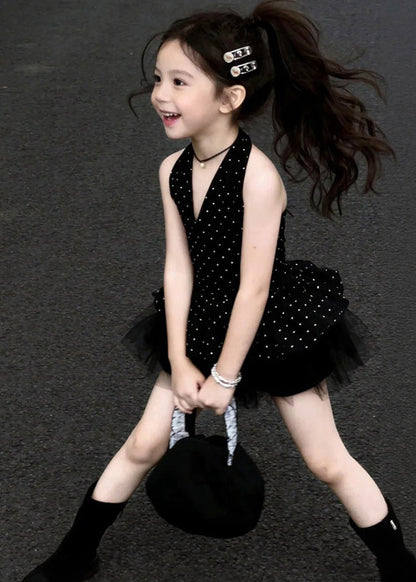 Boutique Black Dot Patchwork Tulle Kids Girls Mini Dresses Summer
