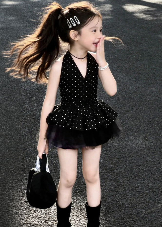 Boutique Black Dot Patchwork Tulle Kids Girls Mini Dresses Summer