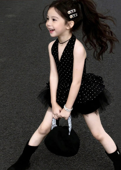 Boutique Black Dot Patchwork Tulle Kids Girls Mini Dresses Summer