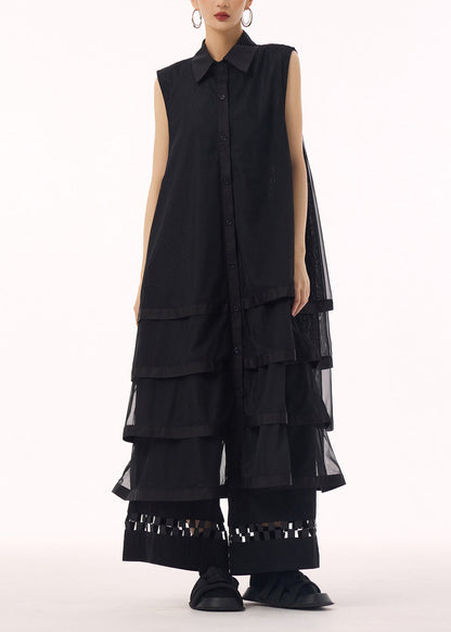 Boutique Black Peter Pan Collar Tulle Layered Patchwork Cotton Dress Summer