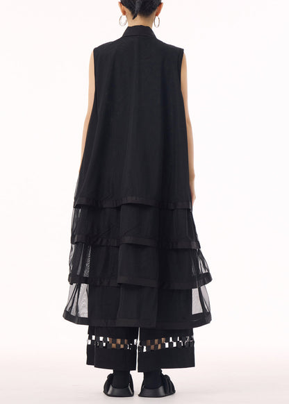 Boutique Black Peter Pan Collar Tulle Layered Patchwork Cotton Dress Summer