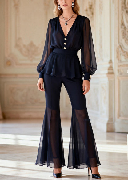Boutique Black Tunic Solid Chiffon Shirts And Flared Trousers Two Piece Set Spring