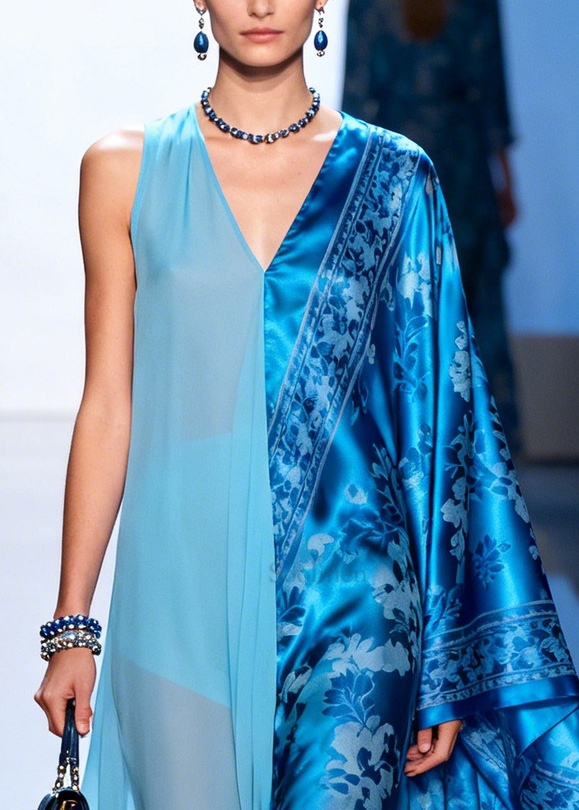 Boutique Blue Asymmetrical Patchwork Exra Large Hem Silk Dresses Summer