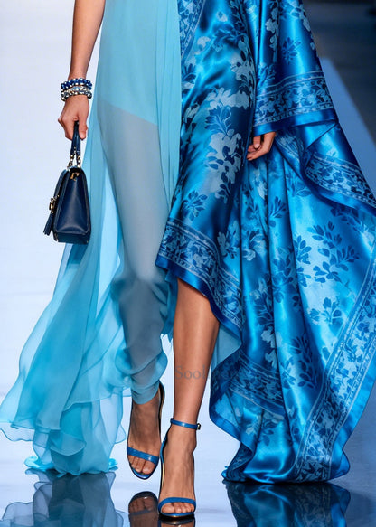 Boutique Blue Asymmetrical Patchwork Exra Large Hem Silk Dresses Summer