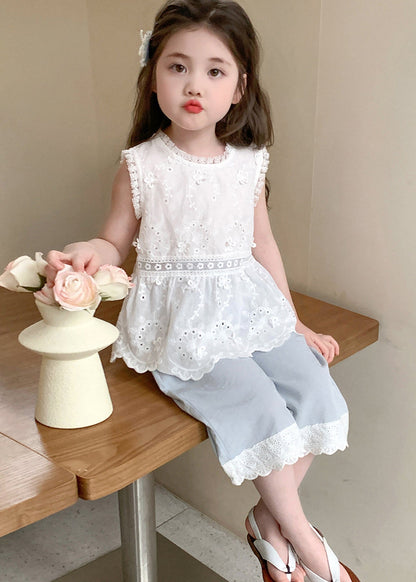 Boutique Blue Embroideried Patchwork Lace Kids Girls Two Piece Set Outfits Summer