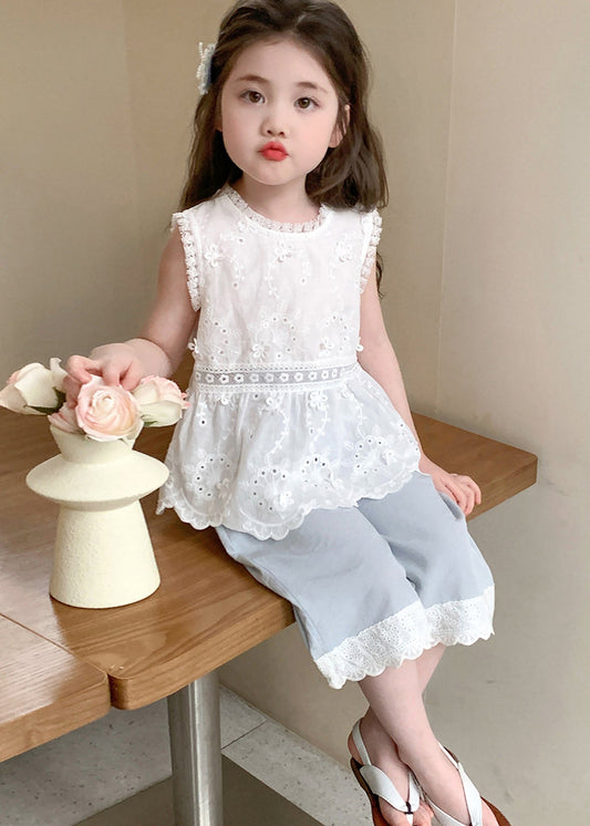Boutique Blue Embroideried Patchwork Lace Kids Girls Two Piece Set Outfits Summer