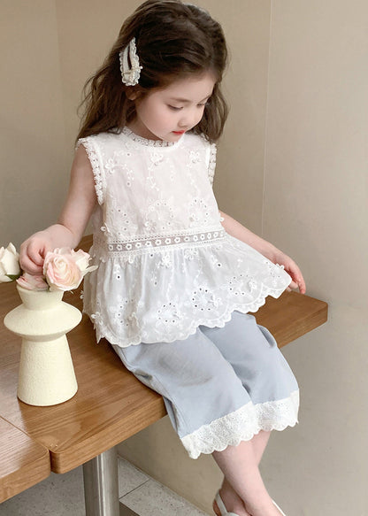 Boutique Blue Embroideried Patchwork Lace Kids Girls Two Piece Set Outfits Summer