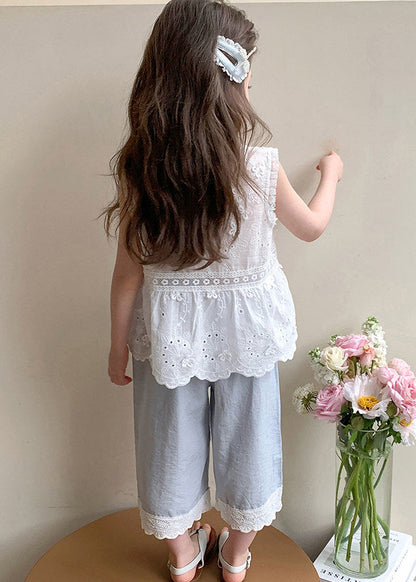 Boutique Blue Embroideried Patchwork Lace Kids Girls Two Piece Set Outfits Summer