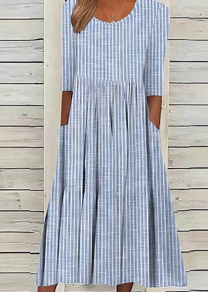Boutique Blue O Neck Pockets Striped Cotton Dresses Summer