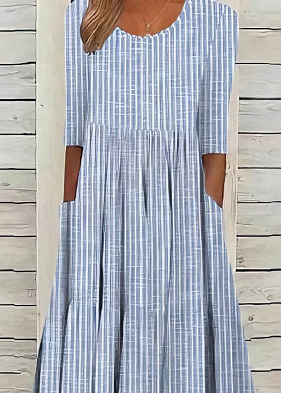 Boutique Blue O Neck Pockets Striped Cotton Dresses Summer