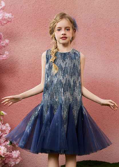 Boutique Blue Patchwork Nail Bead Tulle Girls Long Dress Summer