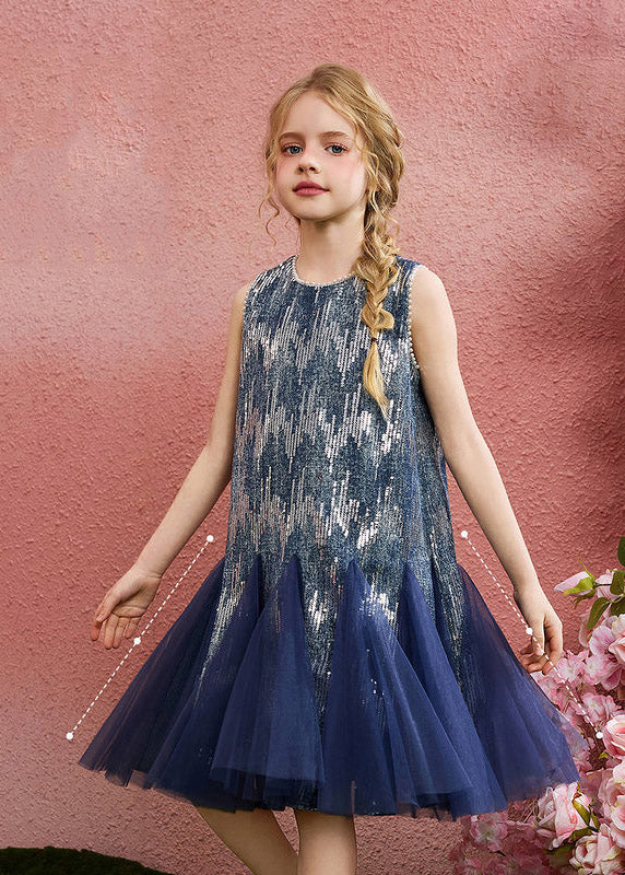 Boutique Blue Patchwork Nail Bead Tulle Girls Long Dress Summer