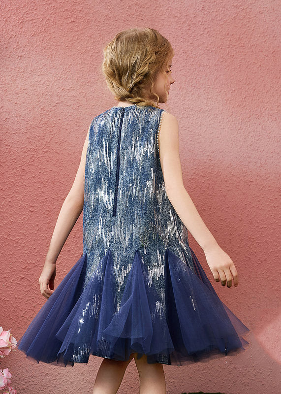 Boutique Blue Patchwork Nail Bead Tulle Girls Long Dress Summer