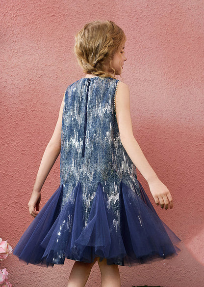 Boutique Blue Patchwork Nail Bead Tulle Girls Long Dress Summer