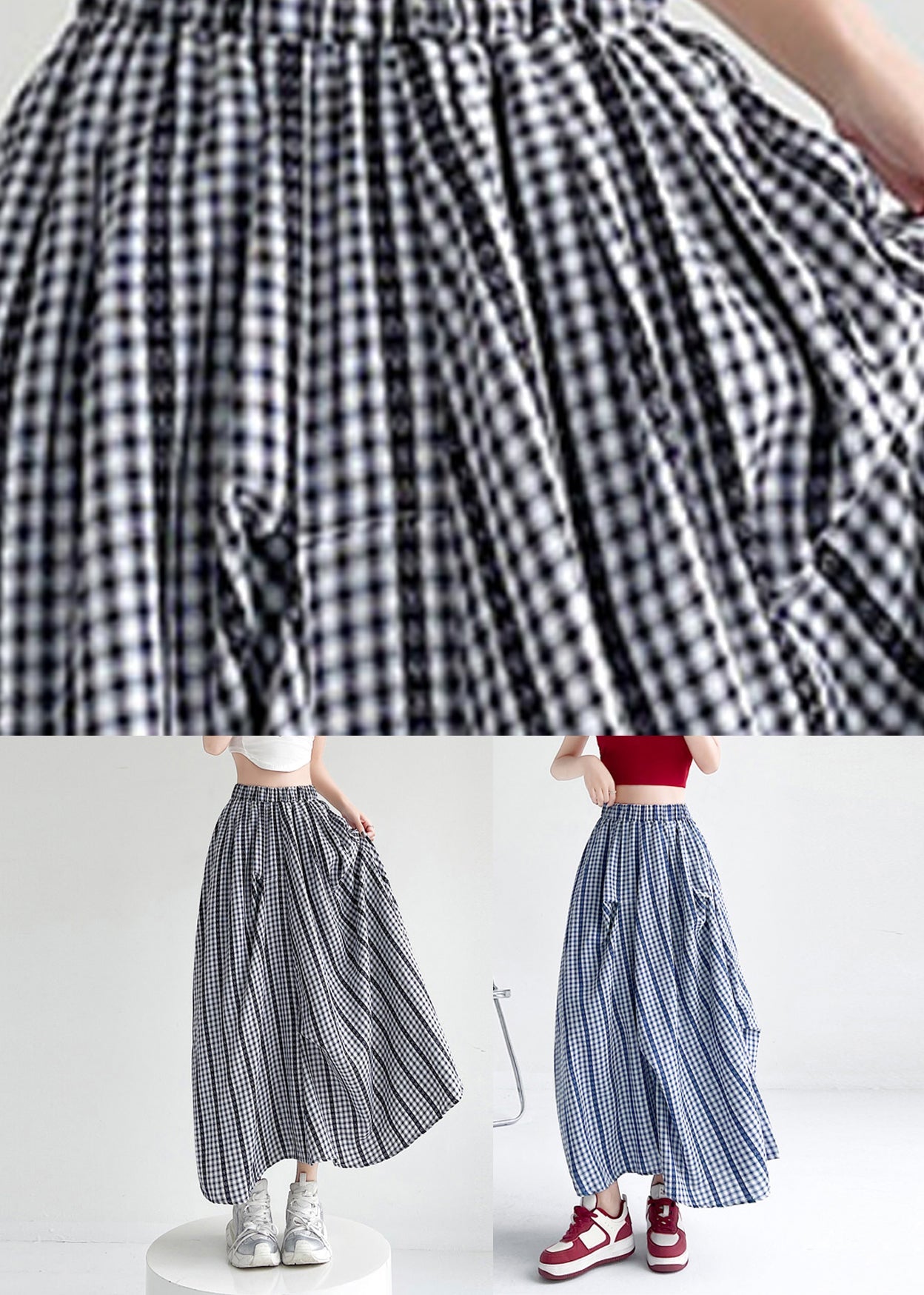Boutique Blue Plaid Pockets Patchwork A Line Skirts Summer