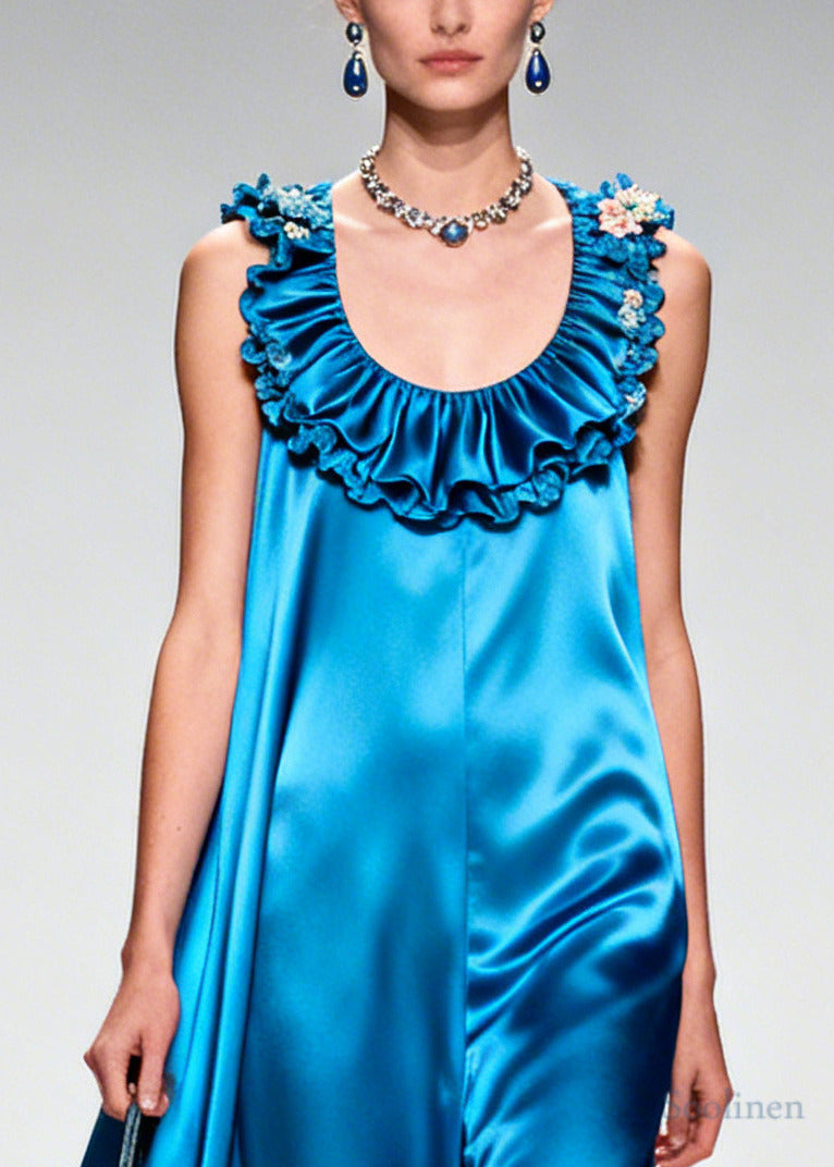 Boutique Blue Ruffled Exra Large Hem Silk Long Dress Summer