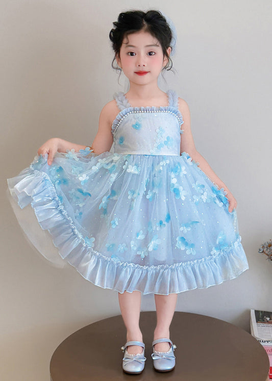 Boutique Blue Stereoscopic Floral Tulle Baby Girls Mini Dresses Summer