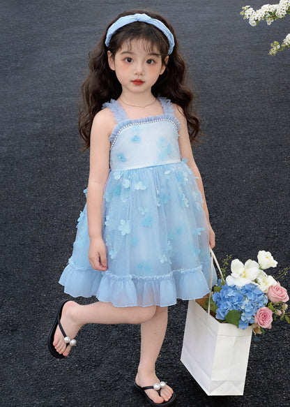 Boutique Blue Stereoscopic Floral Tulle Baby Girls Mini Dresses Summer
