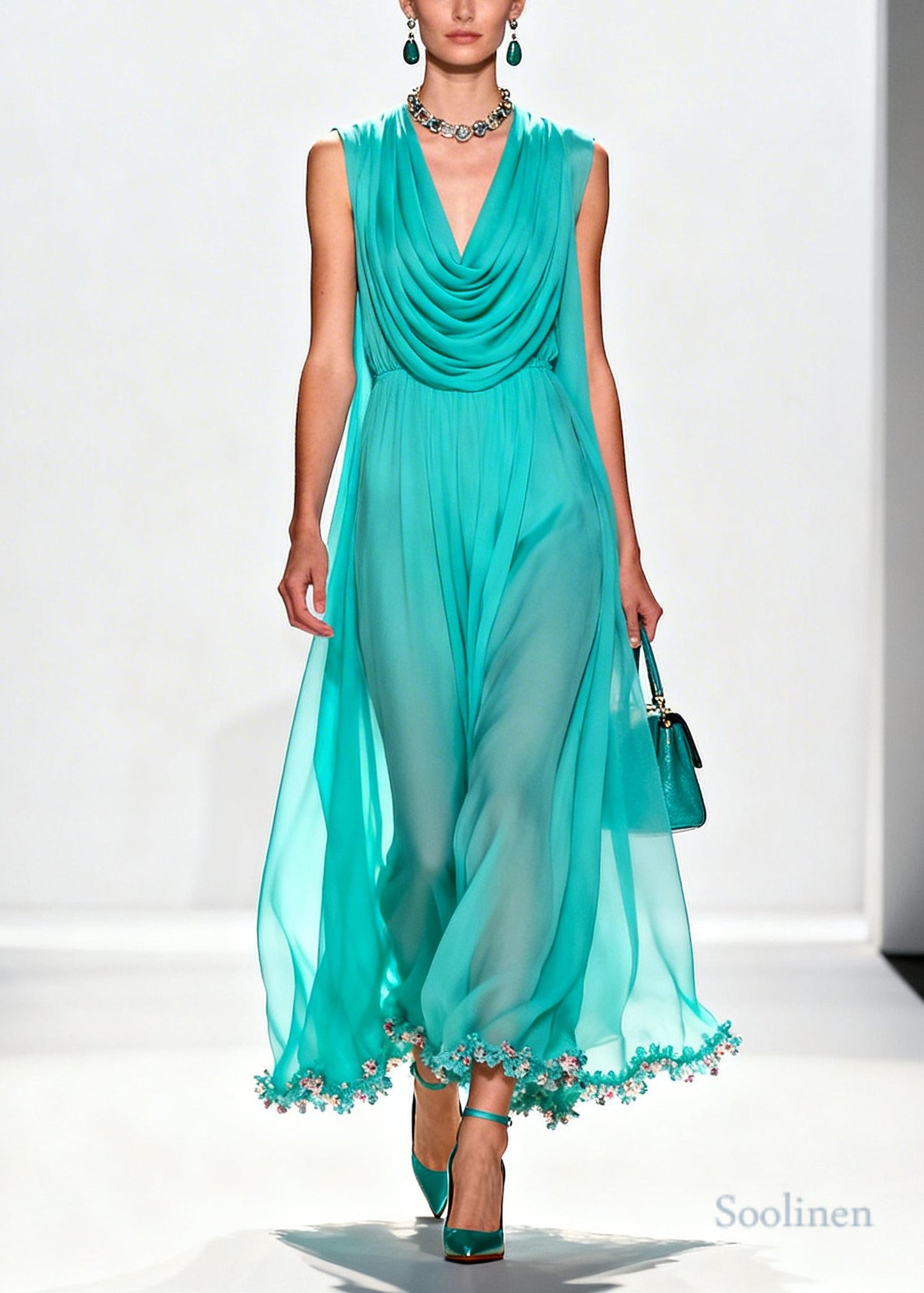 Boutique Blue Turtle Neck Patchwork Flower Lace Chiffon Maxi Dress Summer