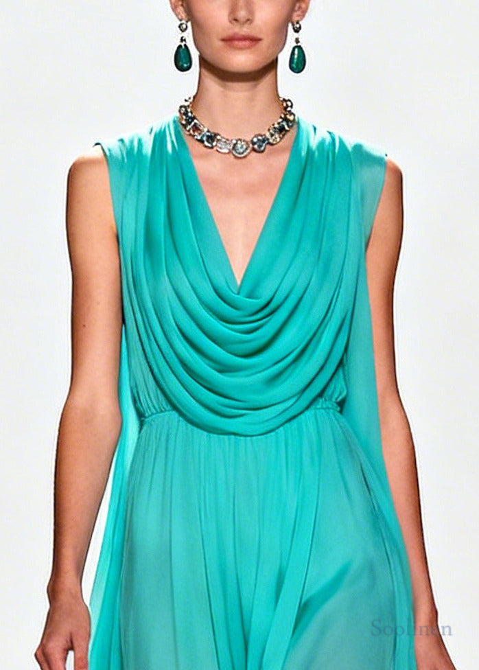 Boutique Blue Turtle Neck Patchwork Flower Lace Chiffon Maxi Dress Summer